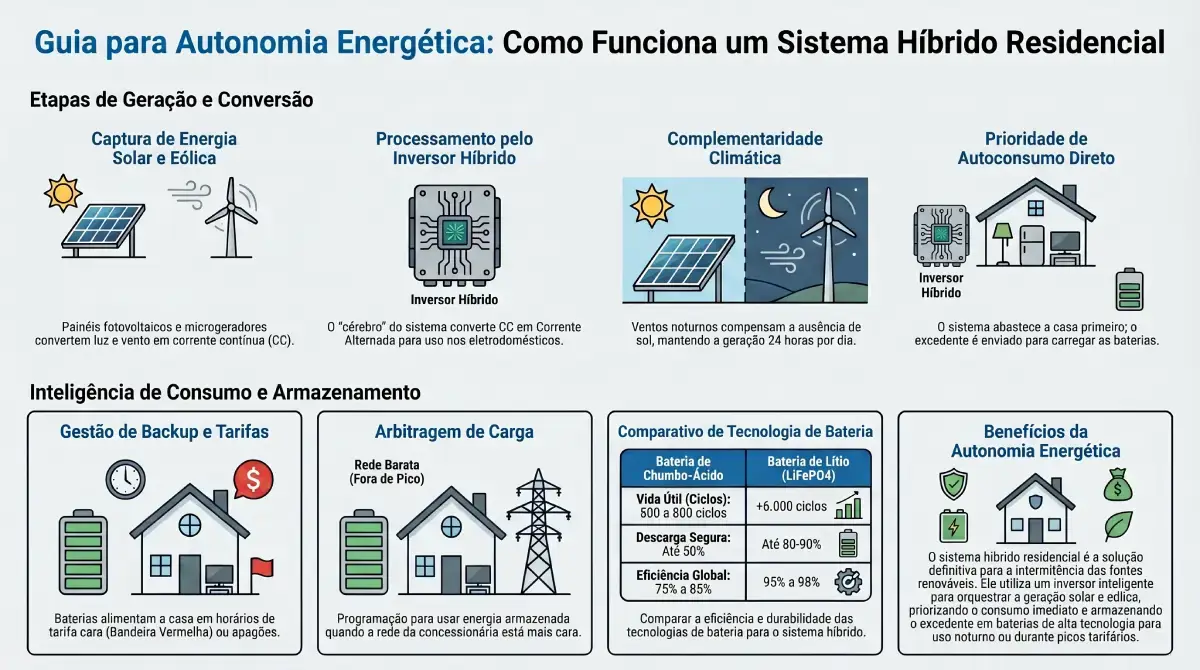 Sistemas híbridos de energia residencial utilizando painéis solares e banco de baterias