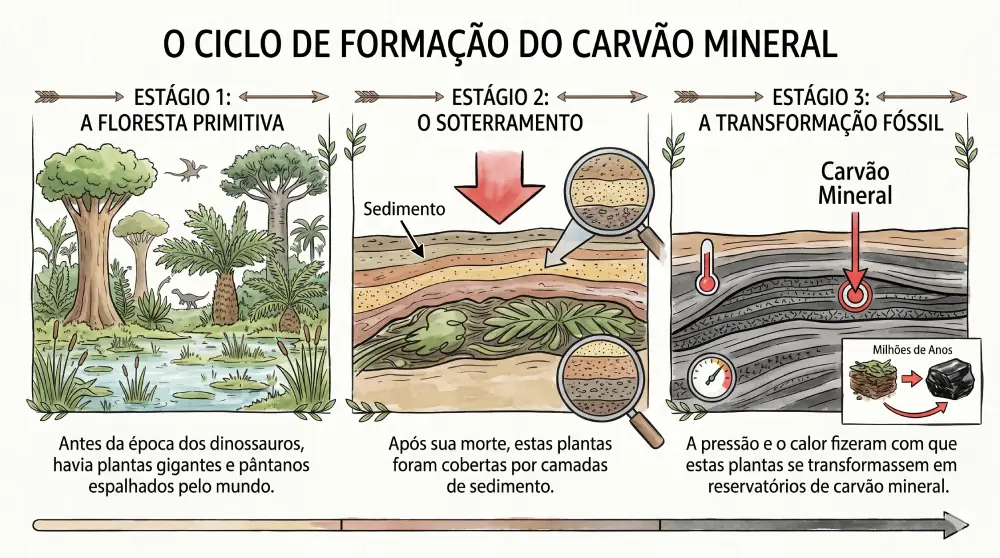 Infográfico didático em três estágios detalhando o ciclo de formação do carvão mineral através de processos fósseis geológicos