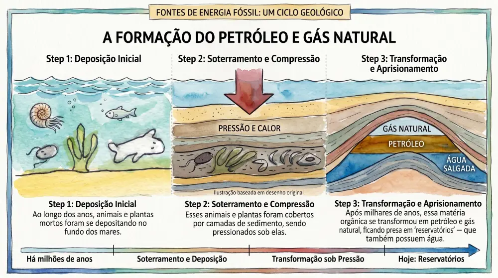 Infográfico explicativo em três etapas mostrando o processo geológico de formação do petróleo e gás natural